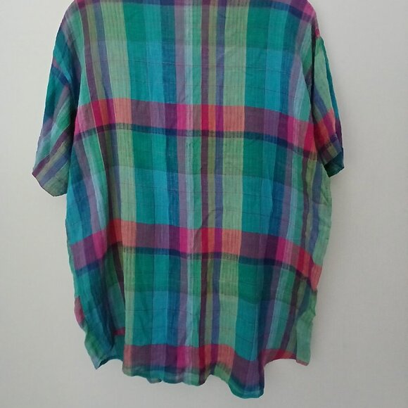 100% Cotton Gauzy, Lightweight Ocean Blues Short Sleeve Button Up Top Sz L - Picture 5 of 9